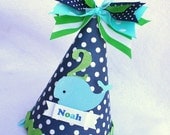 Ships Ahoy Whale birthday party hat in navy blue, key lime green, aqua and white polka dot