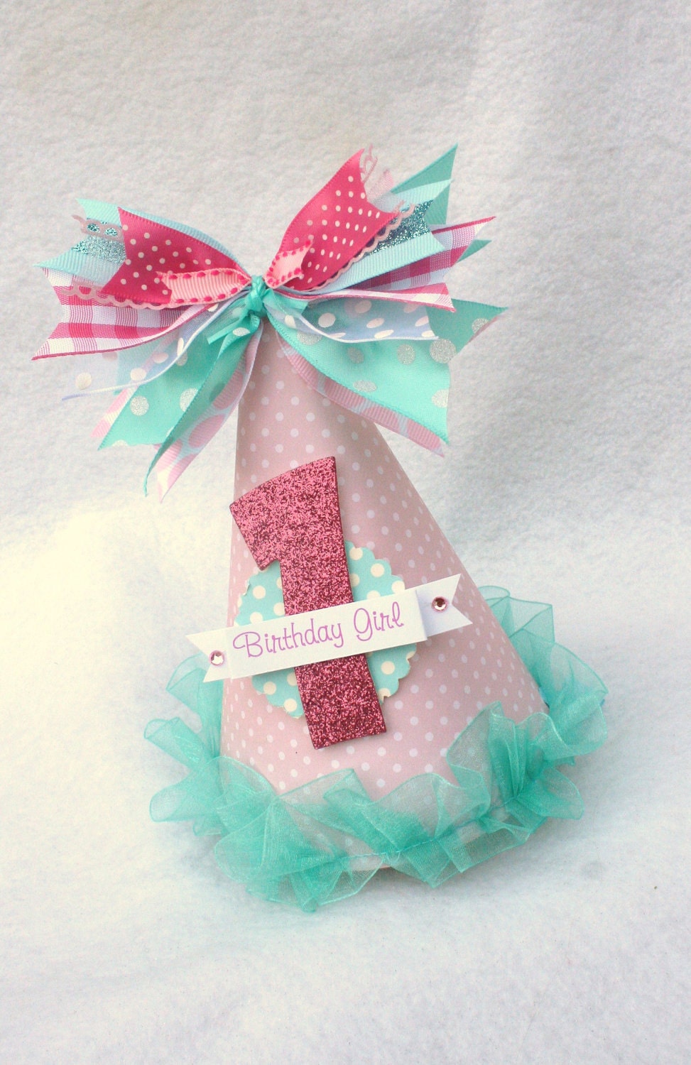 Sweet Pink and Aqua Party Hat with gingham, polka dot accents, shabby chic, vintage inspired