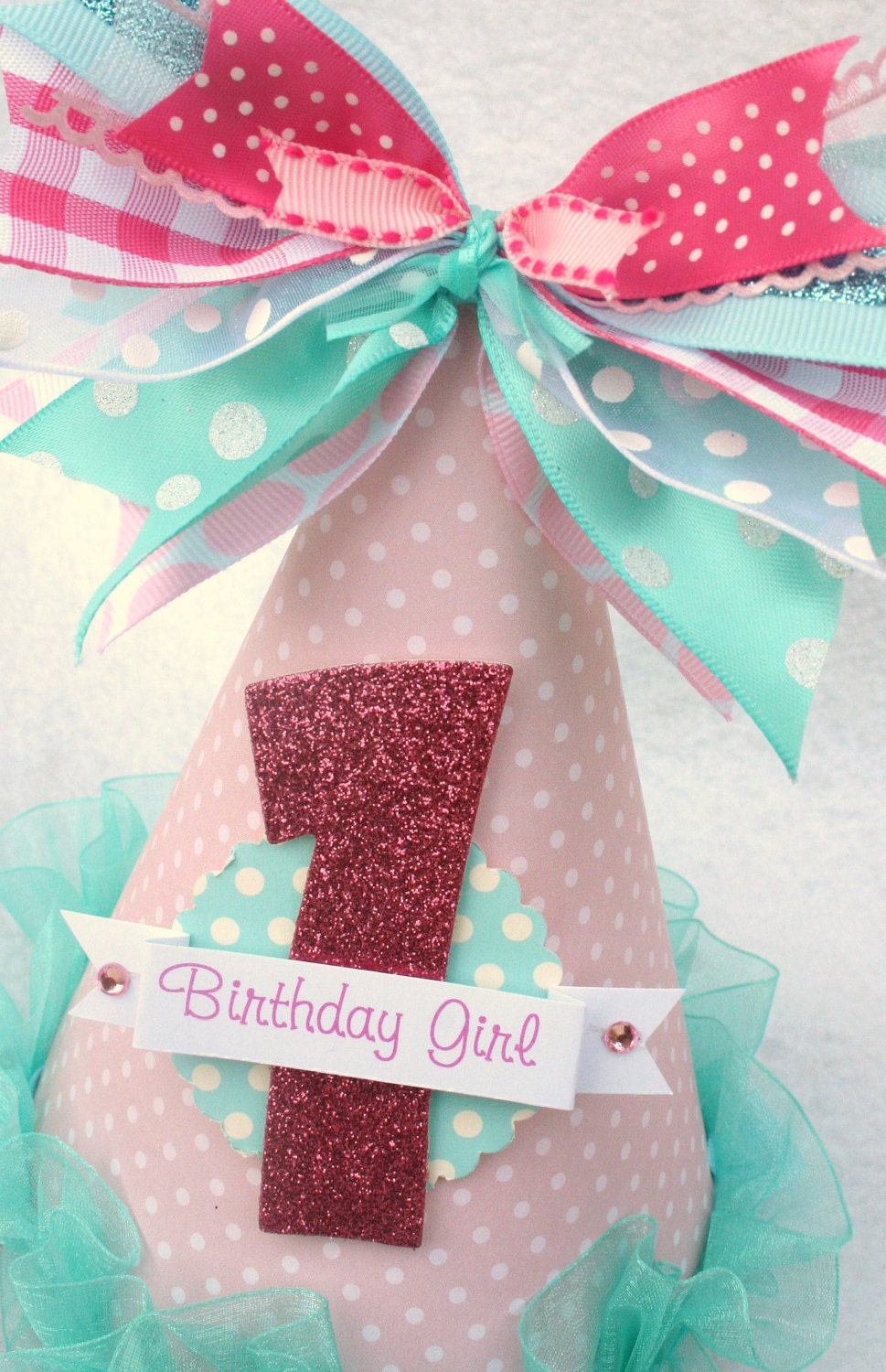 Sweet Pink and Aqua Party Hat with gingham, polka dot accents, shabby chic, vintage inspired
