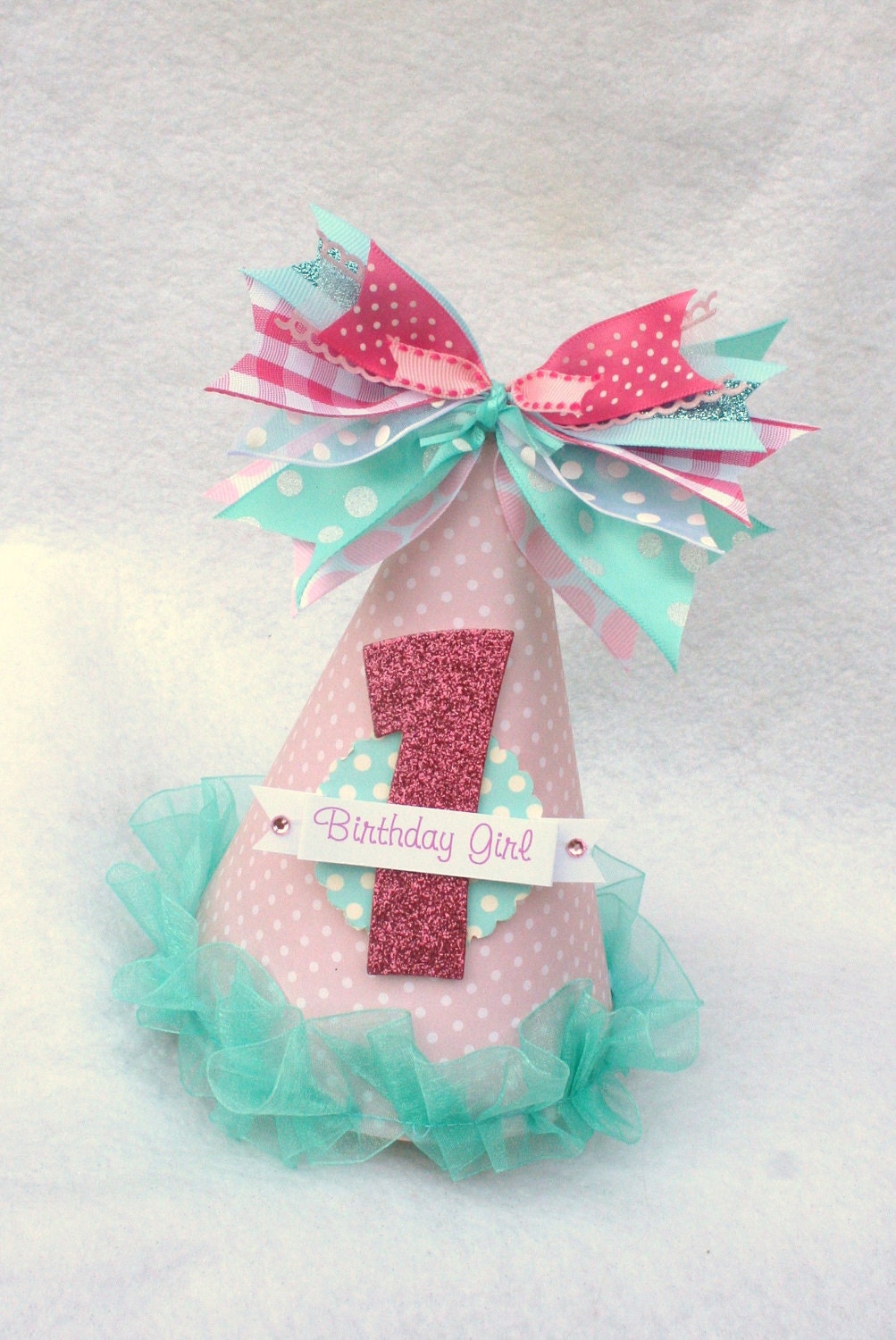 Sweet Pink and Aqua Party Hat with gingham, polka dot accents, shabby chic, vintage inspired
