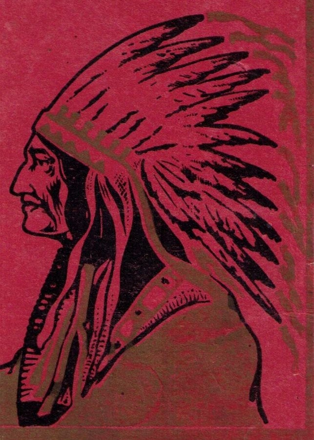 american indian with feather headdress, vintage block print on red paper