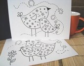 Sale.. Set of 2.. Original hand drawing.. Birds.. Kawaii cute whimsical illustration