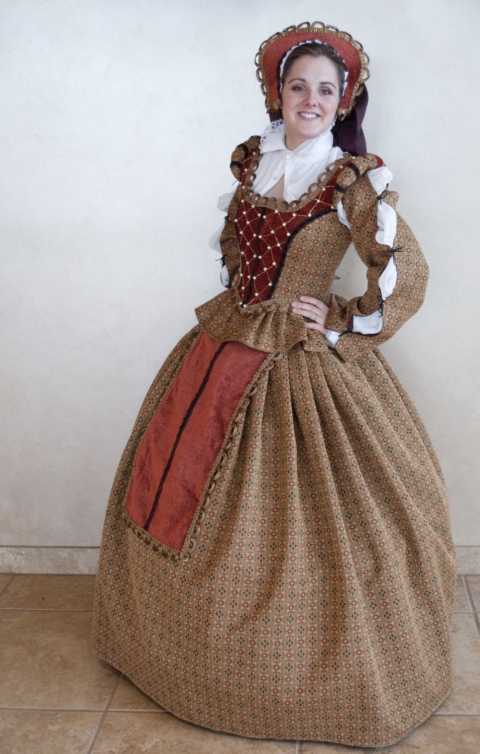 Tan Handbeaded Tudor Renaissance Elizabethan Court Gown Outfit with 5 pieces SALE