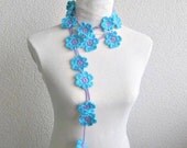 Crochet lariat scarf with Flower in Lilac, Blue, Purple,  Necklace,  Crochet Floral Necklace, Feminine, Trendy, Spring, Summer, Harvest,