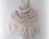 Beautiful Triangle Shawl, Neckwarmer in Creme, Ivory, Beige with Fringe and with glitter effect OOAK
