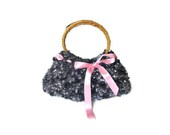 Romantic,  Knitted Bag, Clutch in Gray, Charcoal, Grey, Black,  with Ribbon, Pink, Woman, Handbags, Bamboo, Clutch,