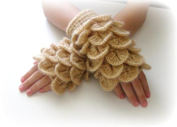 Fingerless Gloves , Caramel, Brown, light brown,  Trendy, Girly, Teenie, Women, Flower