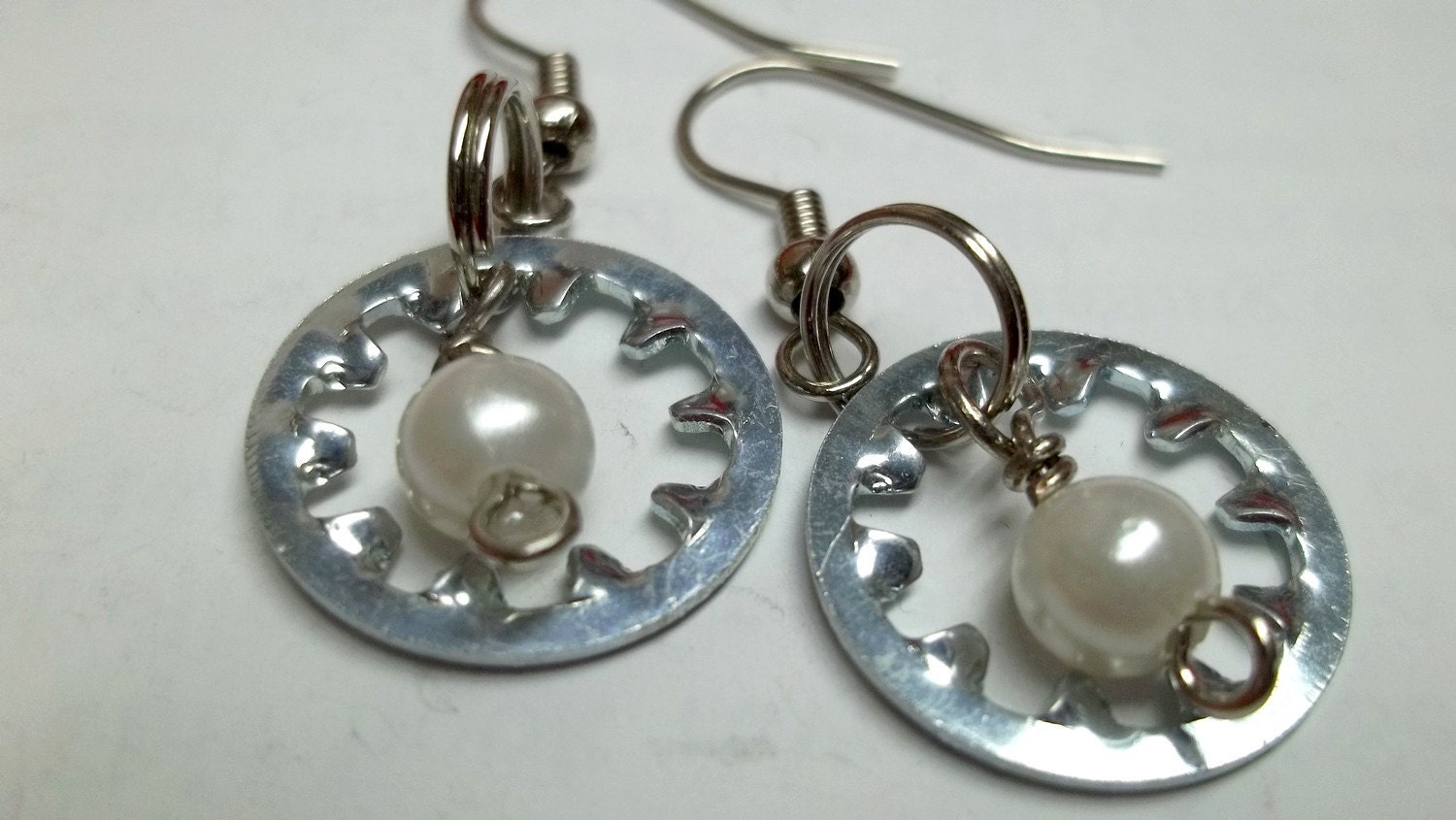 silver washer and glass pearl earrings