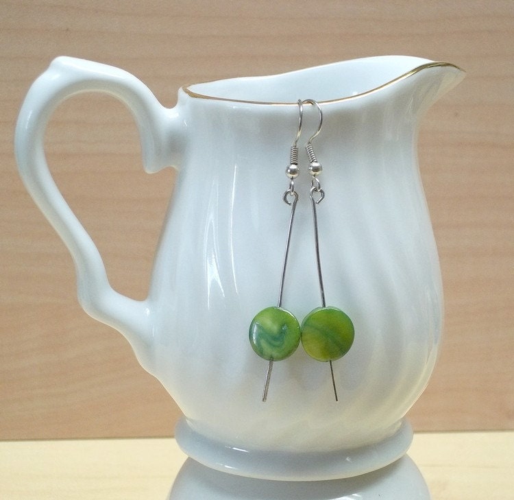 Sale Lime Green mother of pearl coin shell Earrings  Green spot