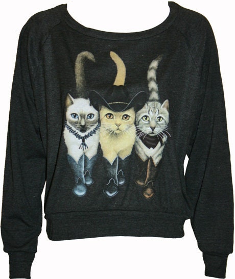 Hipster Cats in Boots Pullover Slouchy "Sweatshirt" Top American Apparel Black L