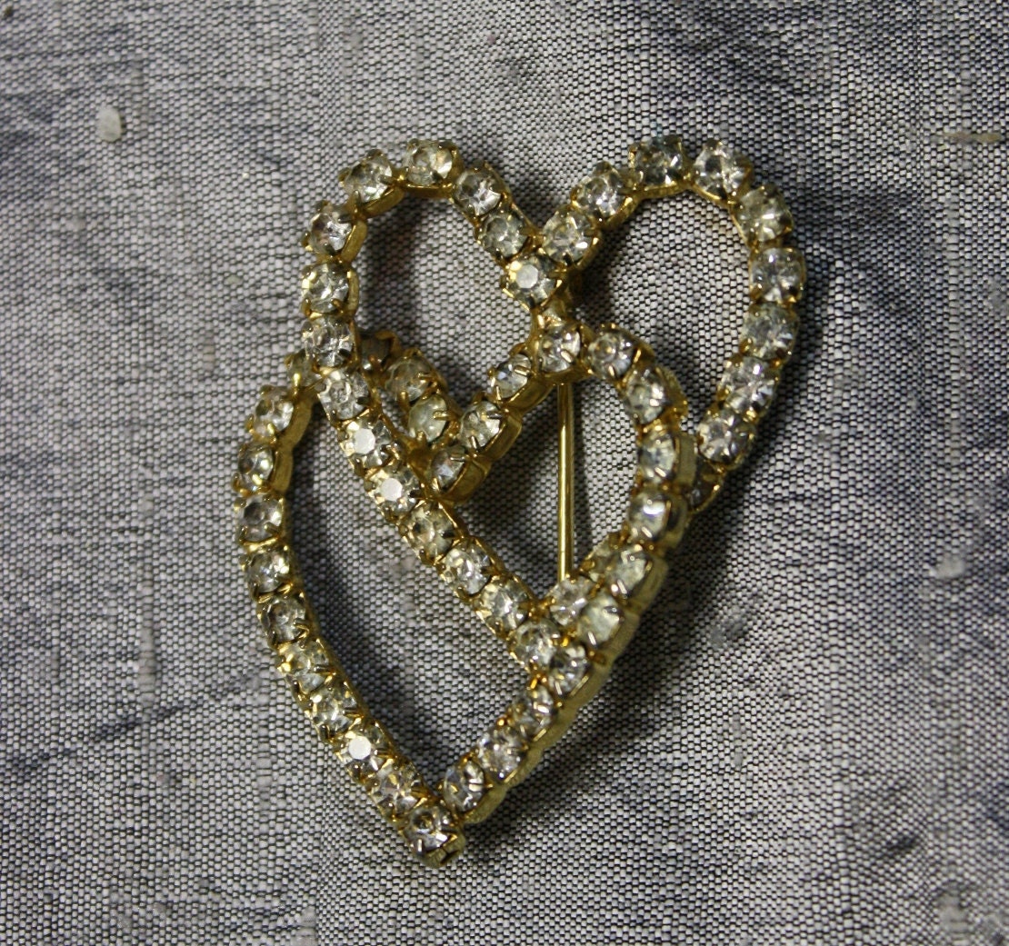 Vintage Double Heart Rhinestone Pin - eveningangel