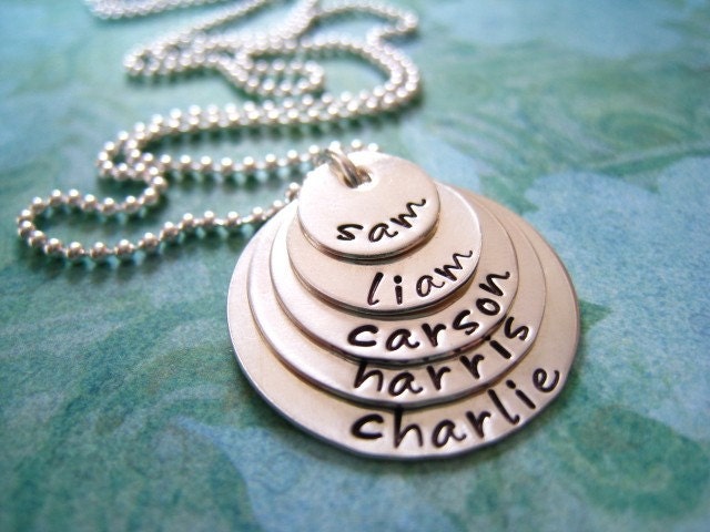 Hand Stamped Mommy Jewelry - Personalized Sterling Silver Necklace - My Family of Five Stack