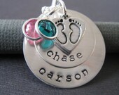 Hand Stamped Mommy Necklace - Personalized Jewelry in Sterling Silver - Stacked Baby Feet with Swarovski Crystal Birthstones