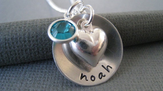 Hand Stamped Mommy Necklace - Personalized Sterling Silver Custom Jewelry - Cupped Love with Puffed Heart and Swarovski Crystal Birthstone
