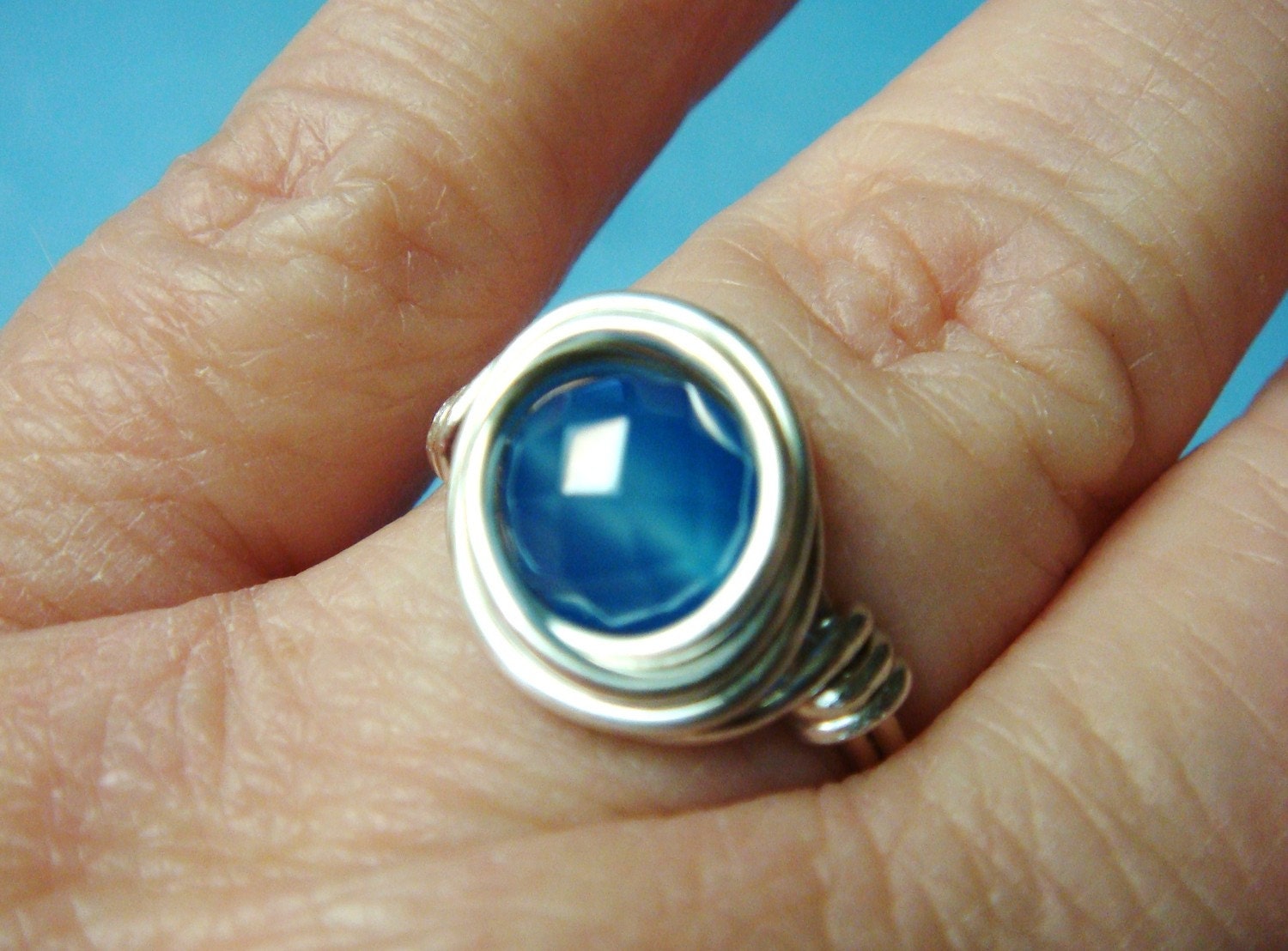 Chalcedony Ring - Blue Chalcedony Faceted Gemstone and Sterling Silver Wire Wrapped Ring