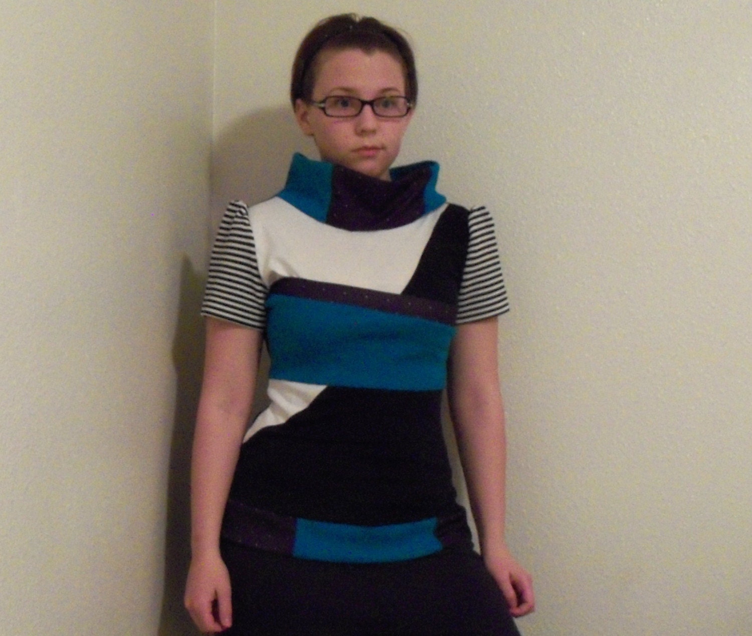 Asymmetric Recycled Turquoise Black White Cowl Shirt
