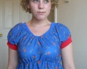 Babydoll shirt blue and red floral puff sleeve - Sale