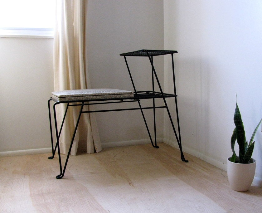 Vintage Early Mid-Century Wrought Iron Hairpin Wire Mesh Bench