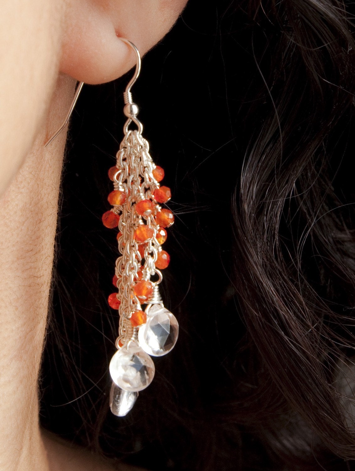 Carnelian and Crystal Quartz Dangle Earrings in Sterling Silver