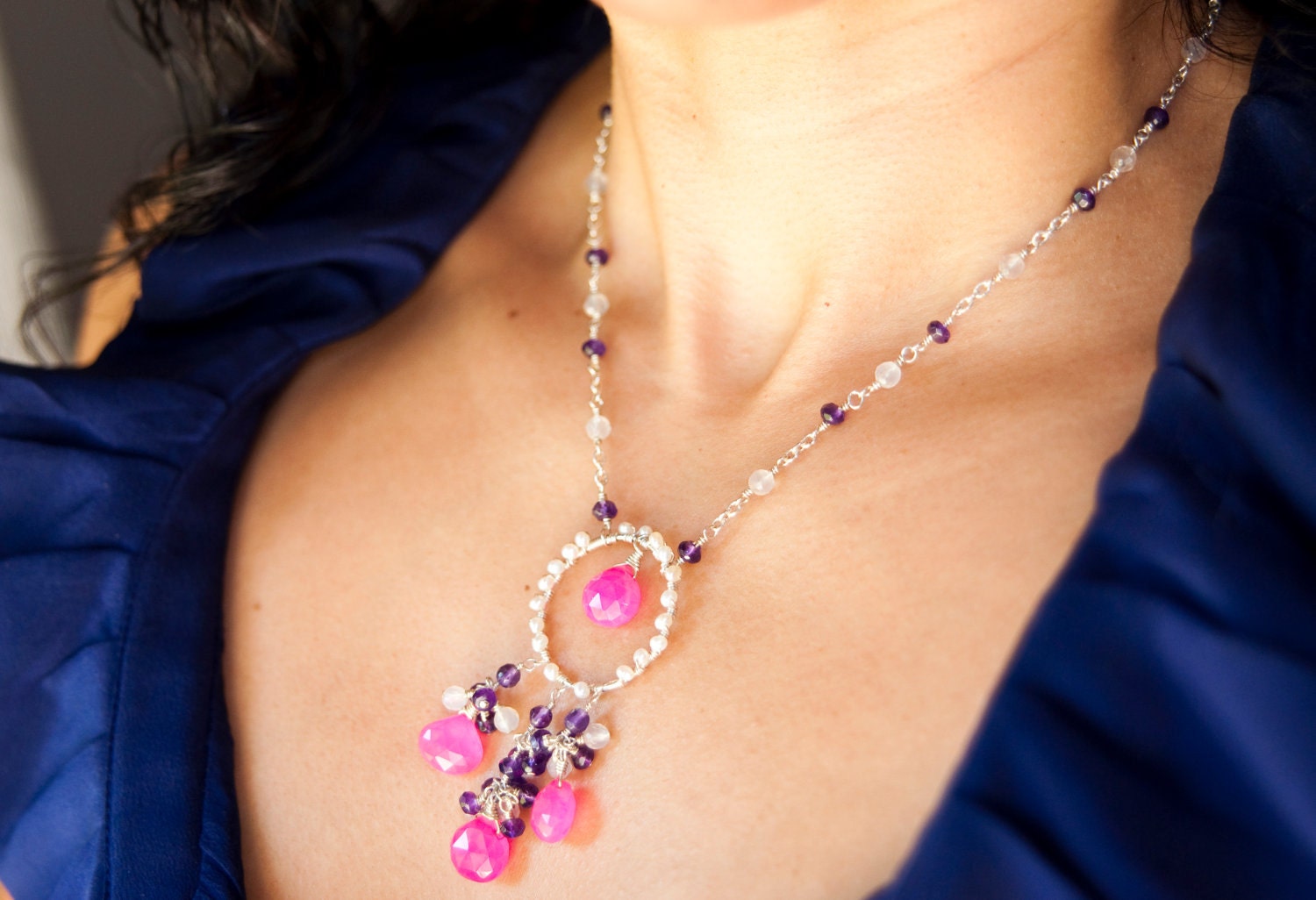 Hot Pink Chalcedony Wire Wrapped necklace with Freshwater Pearls and Amethyst in Sterling Silver