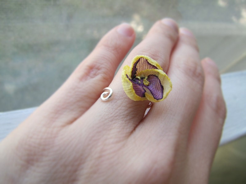 Pansy Flower Ring- Spring Flower Ring- Yellow and Purple Flower Ring