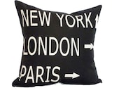 destination throw pillow cover black cream paris new york london typography linen decor 18x18