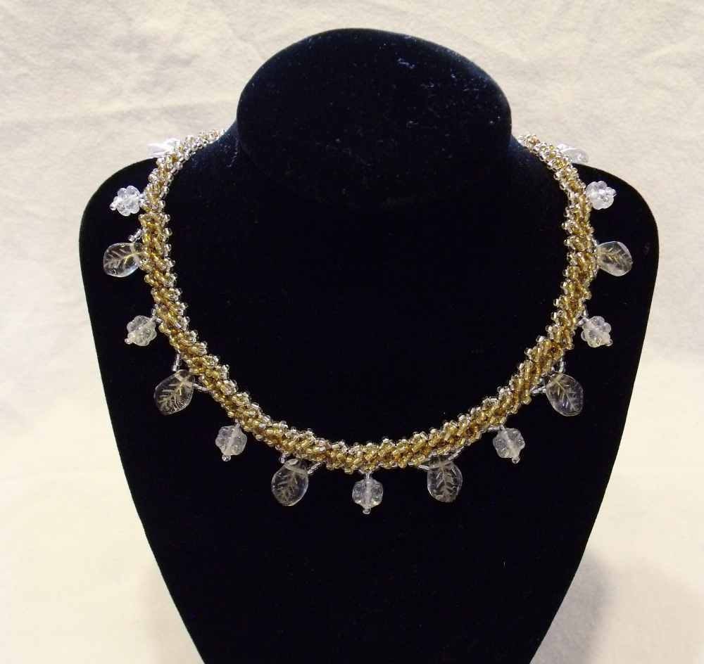 Golden Flower and Leaf Hand Woven Seed Bead Necklace