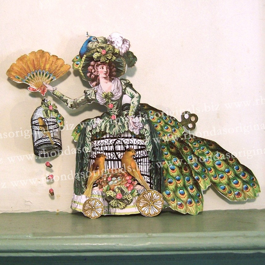 Marie Antoinette Paper Doll Decoration Digital Download - Vintage Altered Art French Peacock Feather Lady And Bird Cage MA4M
