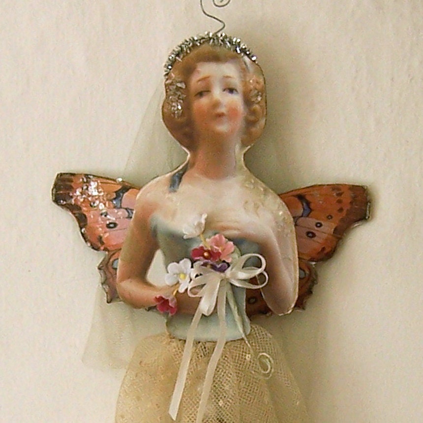 Mixed Media Doll - Bride Fairy Art Doll And Vintage Lace Chandelier Crystal Pearls Rosebuds And Matching Gift Tag 002