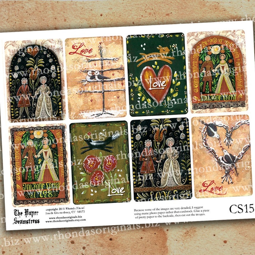 Digital Valentine ATC Download - Bride Wedding Anniversary Bird Animal Folk Art ACEO Collage Scrapbooking Clip Art CS15V