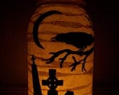 Grungy Primitive Halloween Cemetary Lantern Light Crow