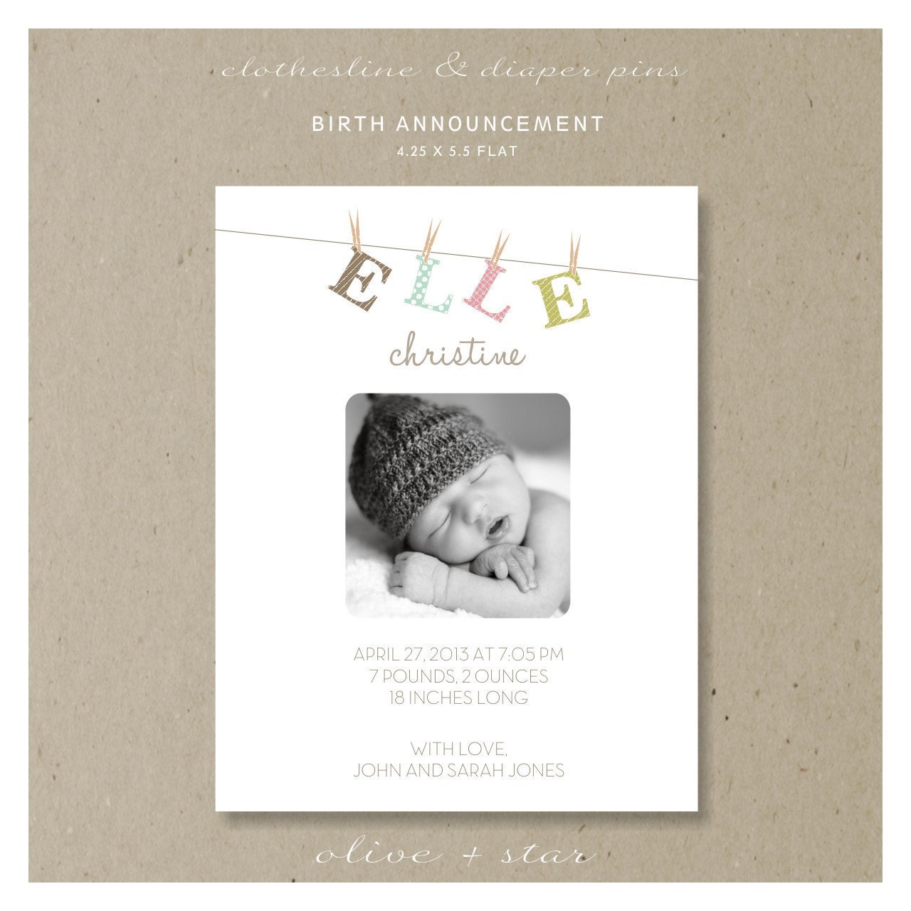 clothesline & diaper pins : baby announcement set
