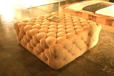 Tufted Burlap Ottoman