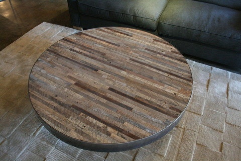 Reclaimed Wood Round Coffee Table, Patchwork Design