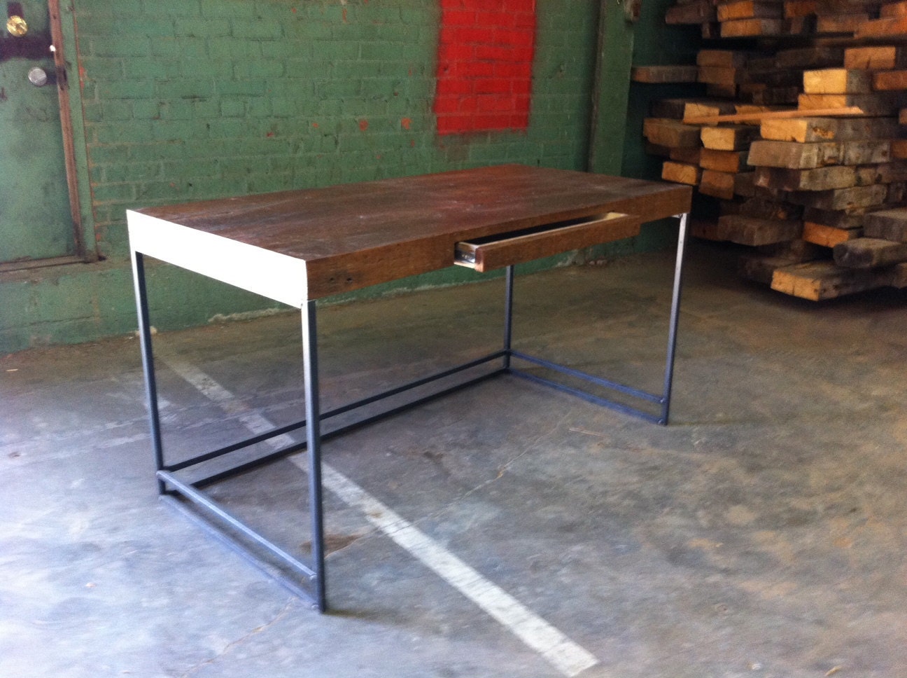 Reclaimed Wood Desk with Push Release Pen Drawer - Steel Frame