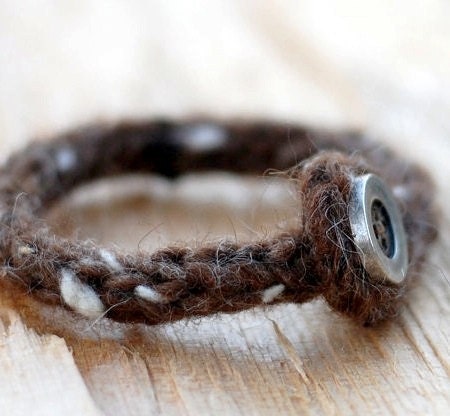 Mens Rustic I Cord Wrap Bracelet - Brown Wool Tweed - Pewter Button Closure