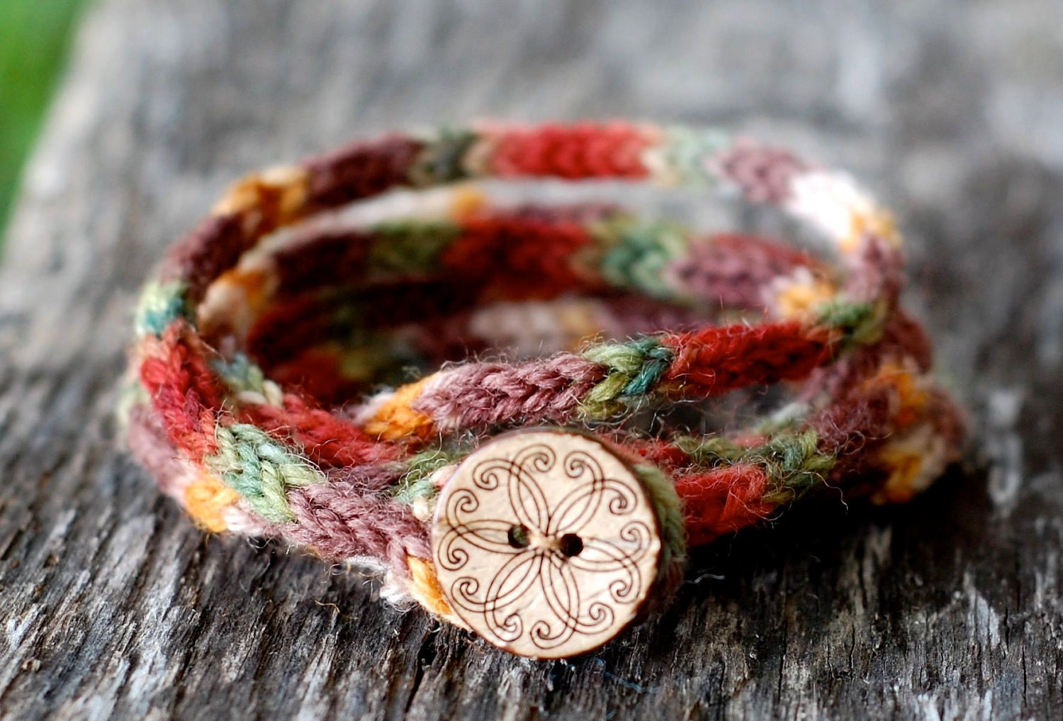Rustic Mini I Cord Wrap Bracelet- 20" Length - Button Closure - Hand Dyed Wool Yarn --Reserved For Lily--