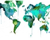 Print from original of World Watercolor Map No. 6 24 x 36 print size, by Jessica Durrant