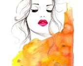 Print from original artwork Drops of Gold, watercolor and pen fashion illustration by Jessica Durrant
