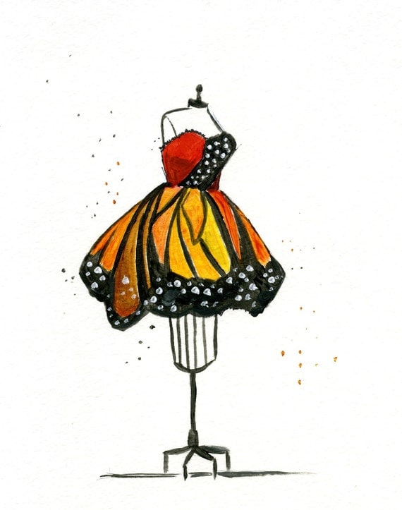 Watercolor Fashion Illustraton: Monarch Butterfly Dress/Luly Yang dress
