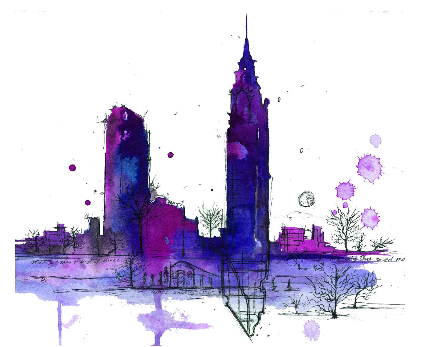 Print from original watercolor and pen doodle by Jessica Durrant, titled NYC in Transit no. 2