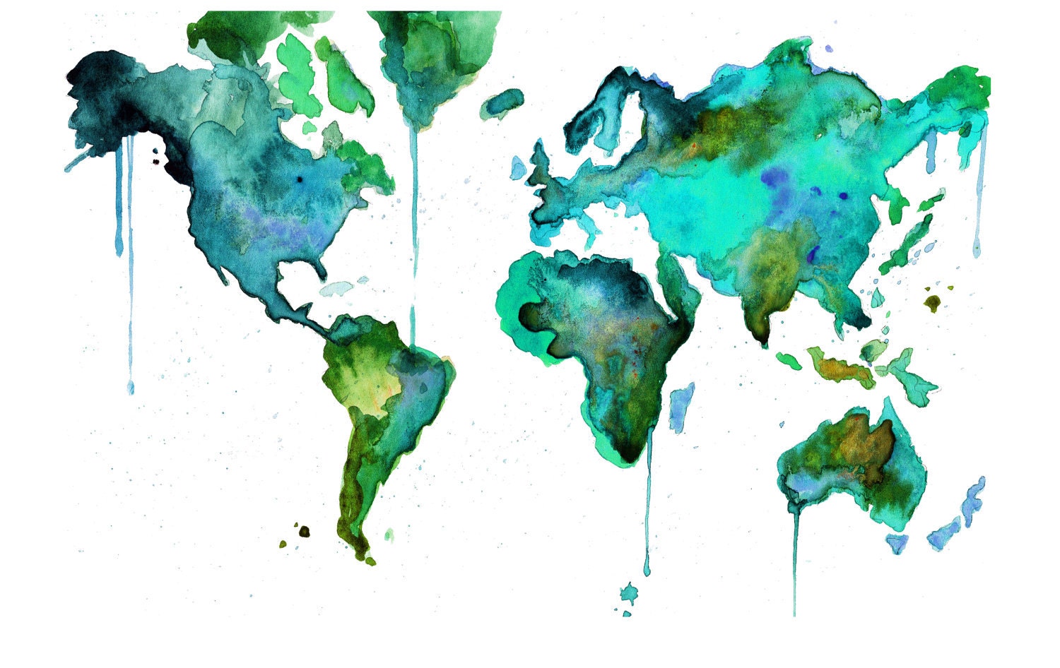 Print from original of World Watercolor Map No. 6 24 x 36 print size, by Jessica Durrant