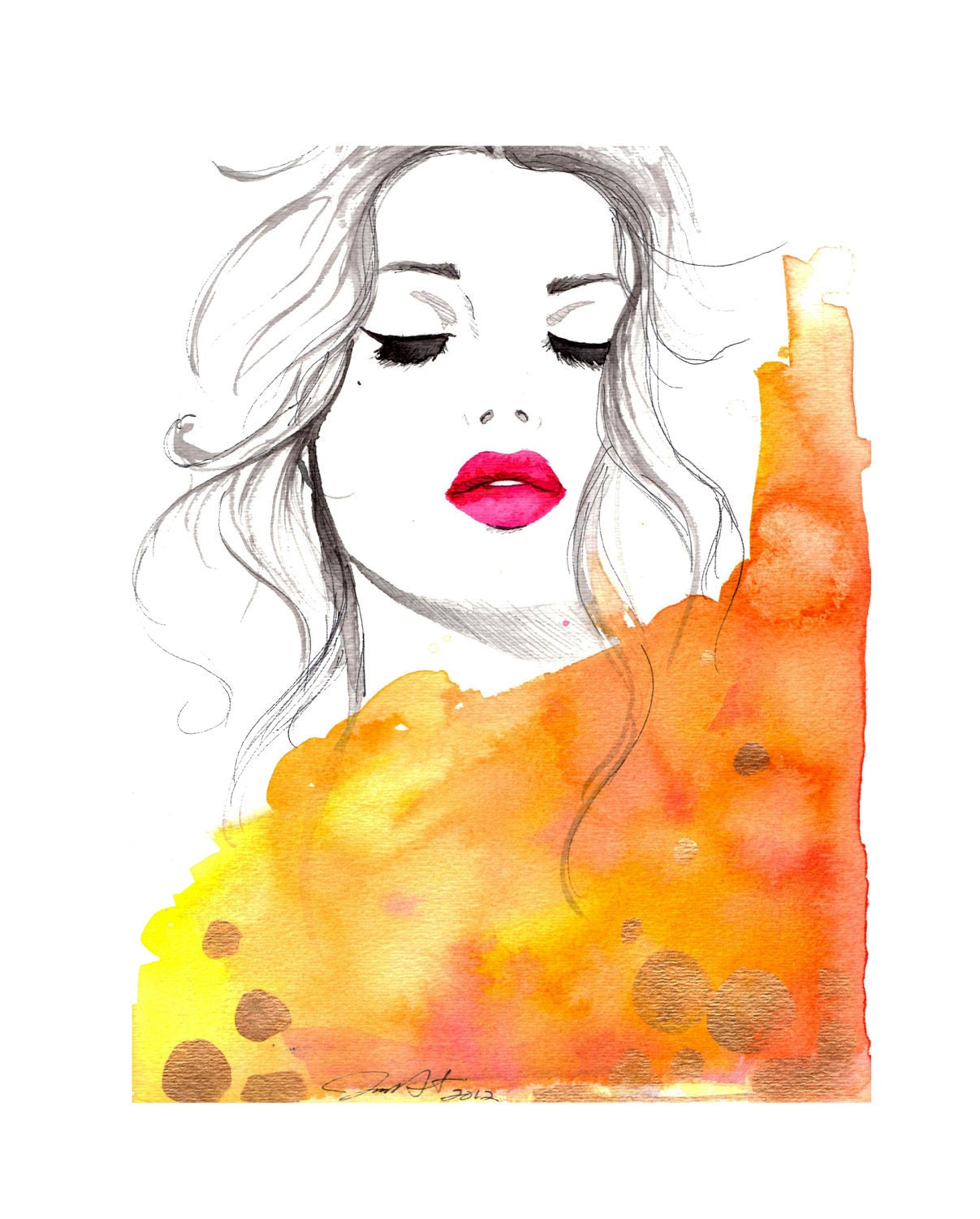 Print from original artwork Drops of Gold, watercolor and pen fashion illustration by Jessica Durrant