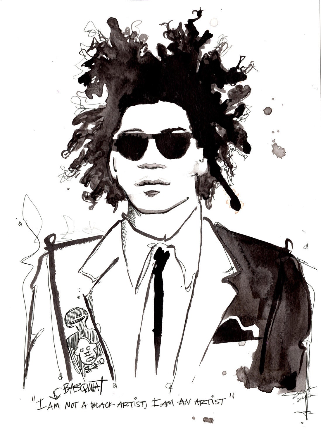 Original watercolor and pen artwork portrait of Jean Michele Basquiat by Jessica Durrant titled The Artist