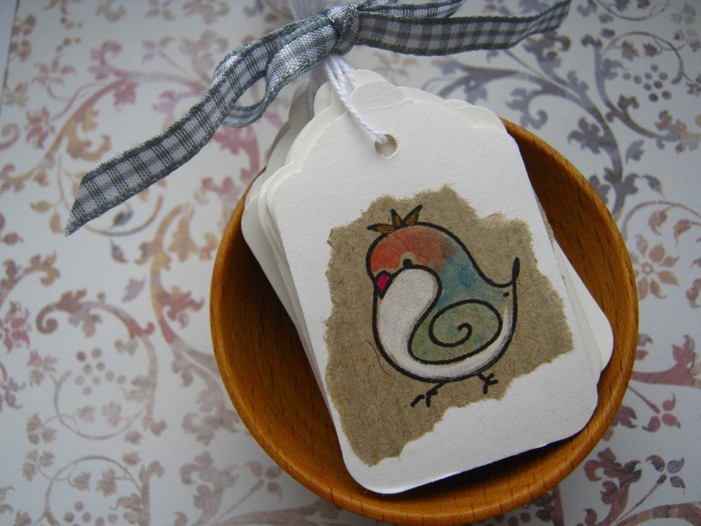 Handmade Paper Gift Tags (10 pcs) with small handpainted Birds