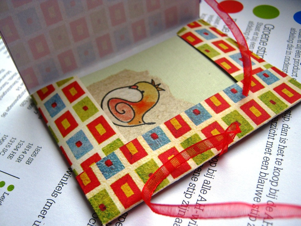 Handmade small Card folder with handpainted gift cards (8 pcs) with sweet birds on kraft paper