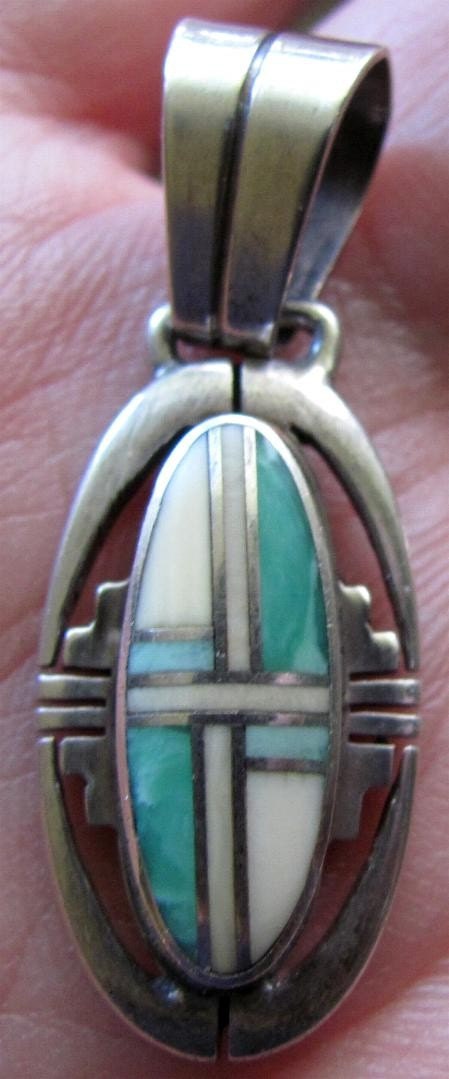Beautiful Vintage Old Native American Made Sterling Silver Artist Marked Pendant with Turquoise and Mother of Pearl