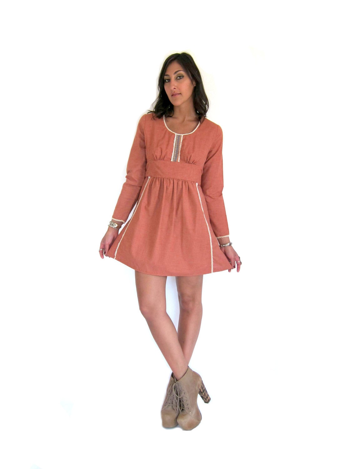 Vintage 70s Rust Colored Folk Babydoll Mini Dress Medium