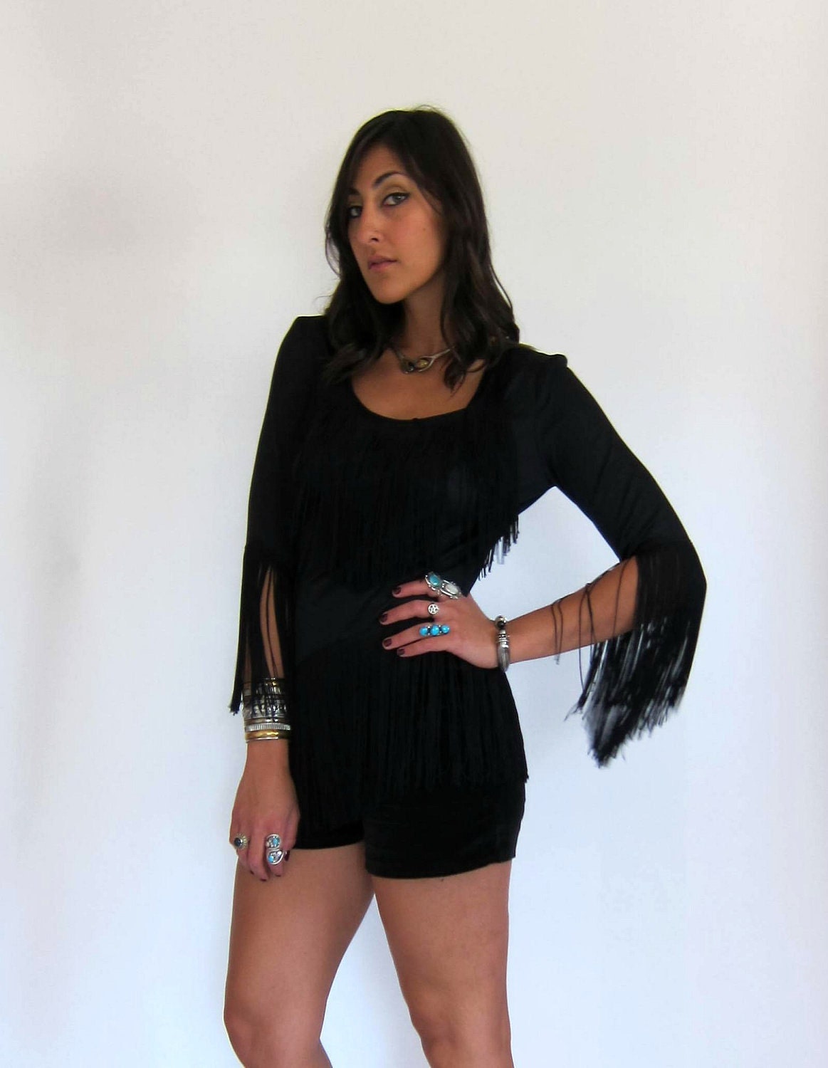 Vintage 70s Black Fringe Witchy Top