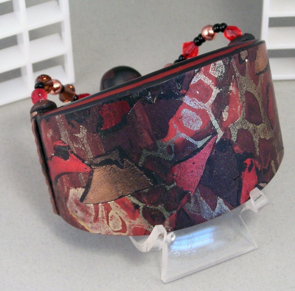 Handcrafted Wide Cuff Bracelet - Red and Copper Foil No. 133